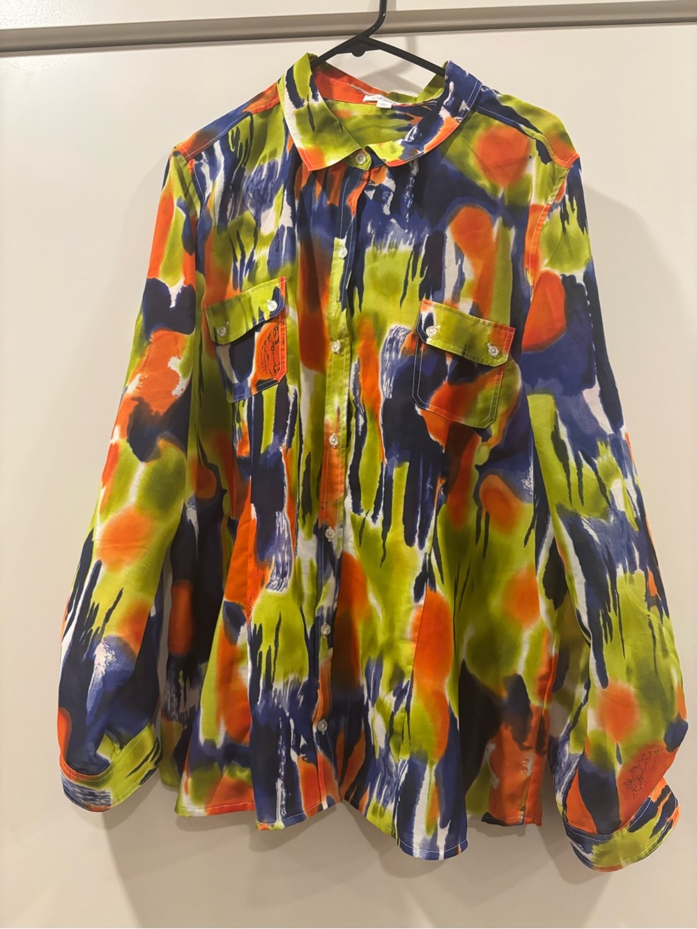 Vibrant Multicolor womens Button-Up Shirt - Neon Green, Blue & Orangey